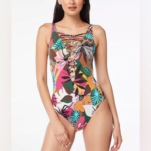 BLEU BY ROD BEATTIE  Lace-Up Over-the-Shoulder Swimsuit Jungle Book Floral 14